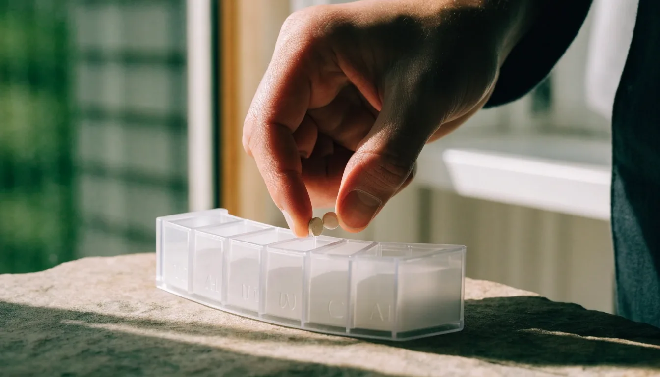 Two mineral tablets alongside a seven-compartment weekly organizer on a stone slab