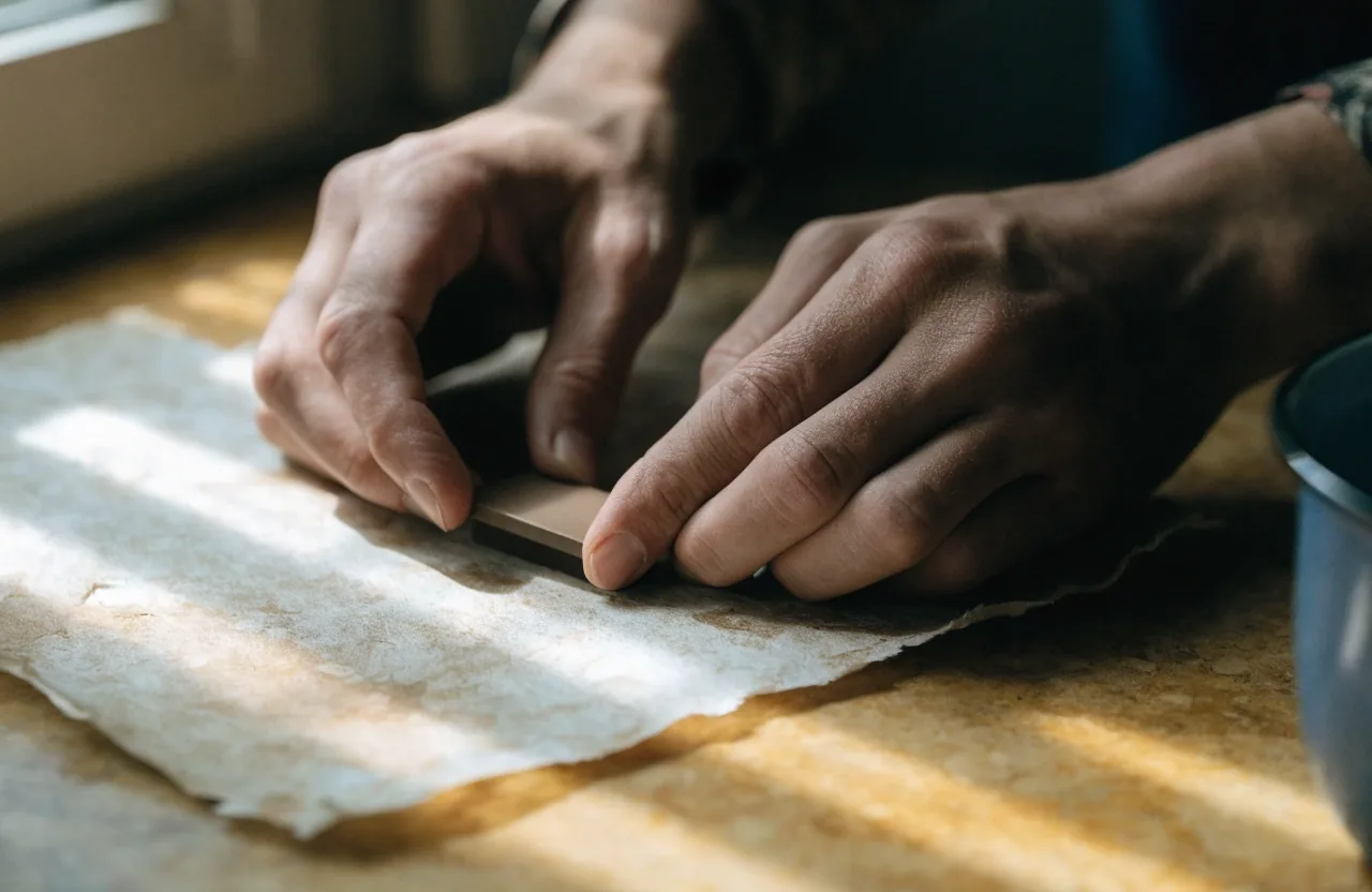 Hands turning a single blank tablet on rough paper beside an enamel cup at an 8am kitchen counter